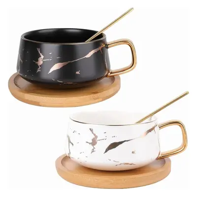 2pcs Ceramic Tea Coffee Cup,300ml Coffee Mug With Stainless Steel Spoon And Bamboo Saucer, Marbl