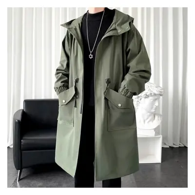 (green, L) Long Trench Coat Jacket Men Cotton Autumn Spring Black Hip Hop Japanese Coats Streetw