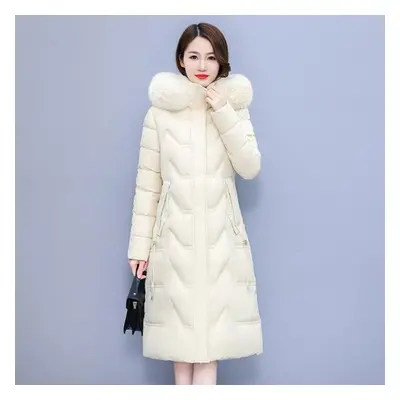 (milk white, XL) Winter New Large Size Women Thick Padded Cotton Hooded Jacket Hit The Color Lon