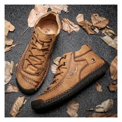 (gold, 45) Men Winter Leather Warm Comfortable Footwear Fur Waterproof Ankle Boots Lace Up Shoes