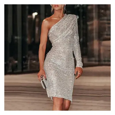 (silver, L) Women&apos;s One Shoulder Dress With Oblique Collar Wrapped Chest Evening Dress Fash