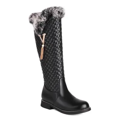 (black, 34) Women Knee High Boots Round Toe Flats Zipper Crystal Metal Decoration Rivets Long Bo