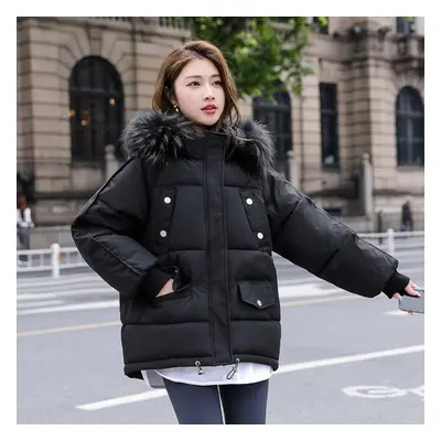 (black, S) Winter Women&apos;s Loose Cotton Coat New Big Fur Collar Women&apos;s Cotton Jacket D