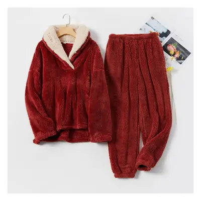 (wine red, M) Coral Fleece Pajamas Set Women Autumn Winter Flannel Sleepwear Suit Thickening Cou