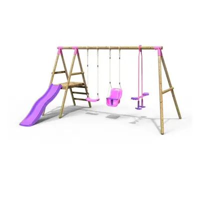 Rebo Voyager Wooden Garden Swing Set with Standard Seat, Baby Seat, Glider, Platform and Slide -