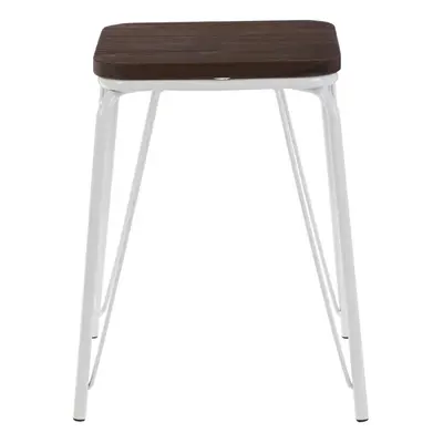 White Metal and Elm Wood Stool, Small Square Stool, Accent Wooden Stool for Home, Office