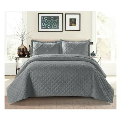 (Grey, King) Ruffle Embossed Quilted Bedspread Bed Throw Single Double King Size Bedding Set