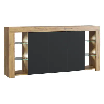 ((Matt Doors) - Oak & Black) Sideboard 164cm LED Gloss Doors - Mex Furniture