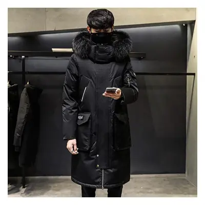 (black, XXL) Winter Long Down Jacket Detachable Hat Large Wool Collar Men&apos;s Down Jacket Kne