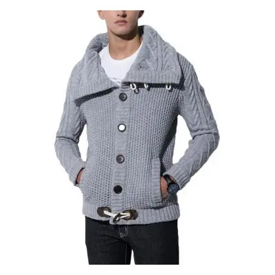 (gray, M) Mens Buckle Sweater Cardigan Winter Warm Thick Hedging Turtleneck Knitting Jumper Swea