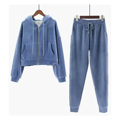 (blue, M) Autumn Winter Thick Warm Casual Women&apos;s Suit Korean Women Velvet Tracksuit Piece 