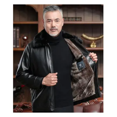 (black, XXL) Men&apos;s Autumn And Winter Plush Thick Plush Collar Faux Leather Jacket Outdoor W