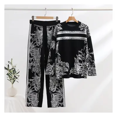 (black, One Size) Women Autumn Winter Vintage Sailing Jungle Jacquard Knitted Two Piece Set Wide