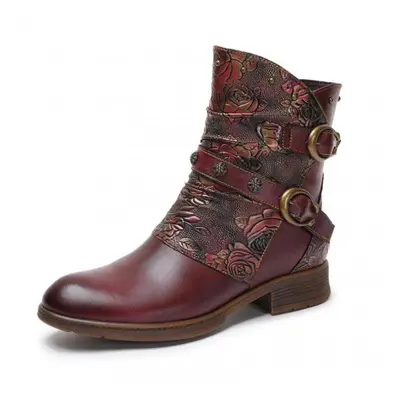 (wine red, 37) Johnature Genuine Leather Shoes Women Boots Zip Winter Round Toe Print Handmade C