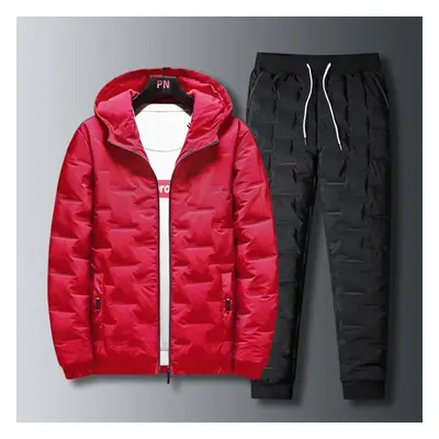 (red, L) Winter Men Parka Set Outwear Overcoat+cotton Pants Suit Casual Warm Pcs Parkas Sets Sli