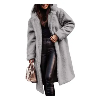 (grey, M) Women Winter Coat Thick Solid Color Hooded Hat Long Sleeve Keep Warm Woolen Mid-calf L