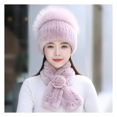 (pink, Good elasticity 52cm-60cm) Rex Rabbit Fur Hat Scarf Sets Women Winter Warm Luxury 100% Ge