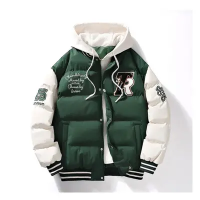 (green, M) Men&apos;s Winter Fashion Coat Fashion Fake Two Hooded Letter Printed Bread Shirts Co