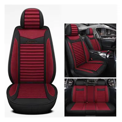 (Red) Five-seat Fully Surrounded Car Seat Cushion Four Seasons Universal Linen Fabric Seat Cover