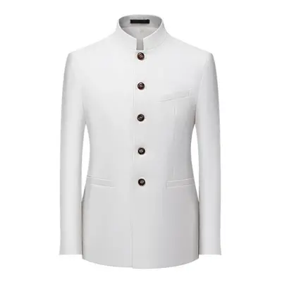 (white, 7XL) Men&apos;s Solid Color Stand Collar Suit Chinese Style Slim Fit Blazer Male Zhongsh