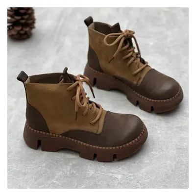 (khaki, 40) Johnature Vintage Handmade Genuine Leather Thick Sole Short Boots Round Toe Lace Up 