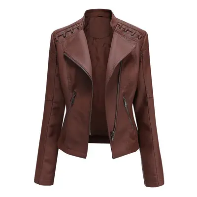 (coffee, XXL) Women Fashion Lace-up Leather Jacket Slim Fit Spring Autumn Motorcycle Jacket Zipp