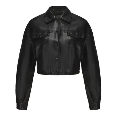 (black, M) Women's Jackets Faux Leather Long Sleeves Single Breasted Crop Top Punk Jacket Short 