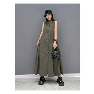 (green, One Size) Xitao Folds Splicing Dress Loose Fashion Solid Color Casual Stand Collar Tempe