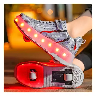 (silver, 36) Tuinanle Children&apos;s Led Shoesusb Charging Glowing Sneakers Led Light Wheels Ro