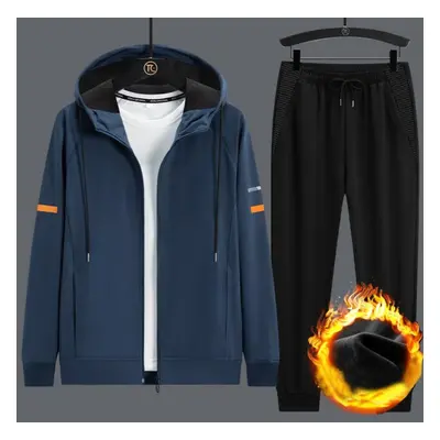 (blue, 2XL) Men&apos;s Hooded Cardigan Coat Winter Padded Sweatpants Set Casual Plus Size Sports