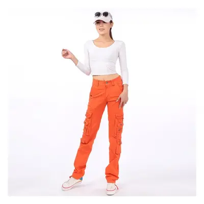 (orange, 34) Women Straight Multi-pocket Cargo Pants Denim Overalls Ladies Fashion Workout Jogge