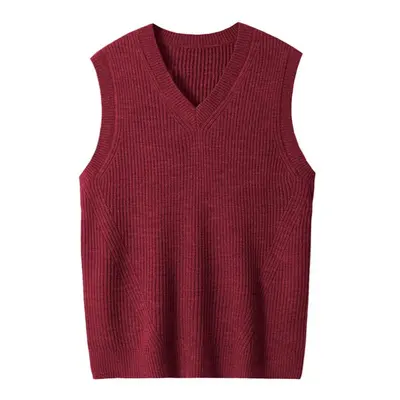 (crimson, S) Men&apos;s V-neck Knitted Sweater Vest Plain Sleeveless Pullover Knitwear Loose Fit