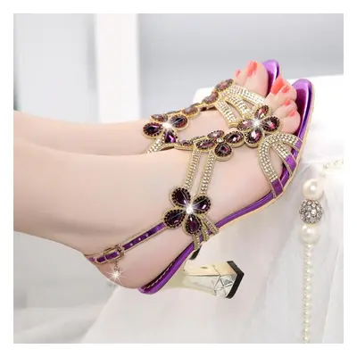 (purple, 40) Rhinestone Sandals Women Wear Diamond-encrusted Thick Heels Comfortable And Sexy Ko