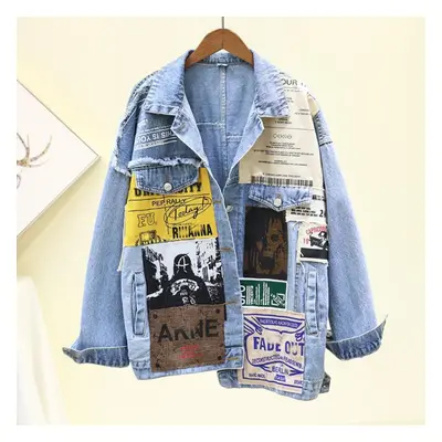 (blue, XL) Harajuku Denim Woman&apos;s Jacket Gothic Korean Streetwear Hiphop Oversized Jacket W