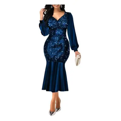 (blue, 3XL) Slim Comfy Popular Sequin V Neck Long Sleeve Dress Prom Dress