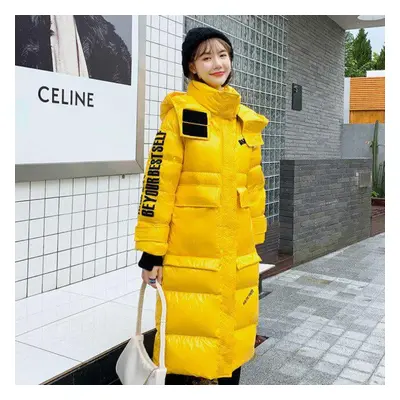 (yellow, XL) Women X-long Winter Jacket Glossy Hooded Windproof Warm Bio Down Coat Oversize Cott