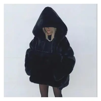 (black, M) Winter Women&apos;s Mink Faux Fur Hooded Coat Thick Warm Faux Fur Coat Loose Large Si