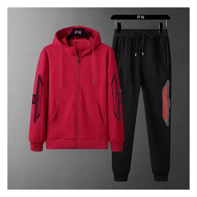 (red, 7XL) Autumn And Winter Men &apos;s Casual Sports Suit Hooded Plus Size Cardigan Two -piece