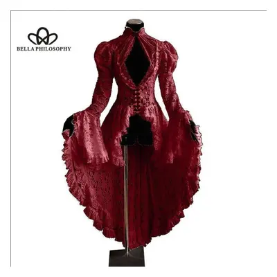 (red, XXL) European American Retro Style Palace Party Lace Clothing Dress Palace Style Stitching