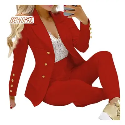 (red, L) Pcs/set Lady Business Suit Turn-down Collar Solid Color High Waist Single-breasted Ankl