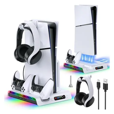 (White) Stand with Cooling Fan for PS5 Slim Game Console, Dual Controller Charging Station with 