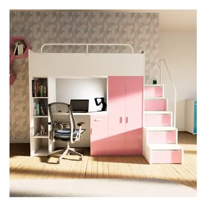 (Pink) Easy Jessie 4S Cabin Bed High Sleeper with Stairs Wardrobe Desk Matt