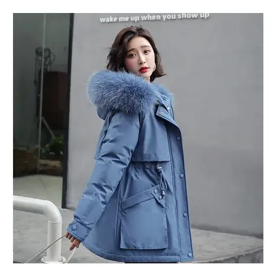 (M, Blue) Fashion Warm Fur Lining Parka Winter Jacket Thick Hooded Parkas F