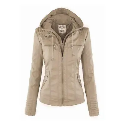 (Beige, M) Gothic Faux Leather Jacket Women Hoodies Winter Autumn Motorcycle Jacket Black Outerw