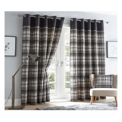 Tartan Checked Grey Eyelet Curtains Fully Lined Ready Made Ring Top x 90"