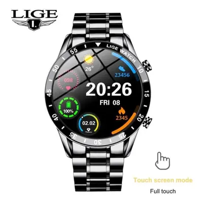 (black, steel belt) LIGE Full Circle Touch Screen Steel Band Luxury Bluetooth Call Men Smart Wat