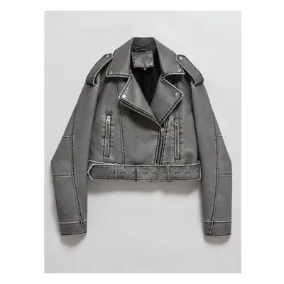 (grey, L) Spring Autumn Women Loose Zipper With Belt Retro Faux Leather Short Jacket Streetwear 