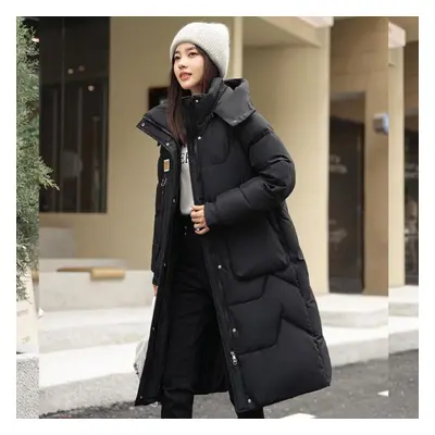 (black, M) Winter Solid Long Down Coats For Women Thicken Casual Big Pocket Loose Puffer Jacket 