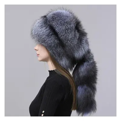 (Fox01) Natural Fox Fur Fluffy Hat Ushanka Women Winter Warm Fluffy Popular Style Female Tail Ca