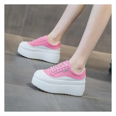 (pink, 37) Fujin 8cm New Canvas Genuine Leather Women Fashion Sneakers Platform Shoes Wedge Hidd